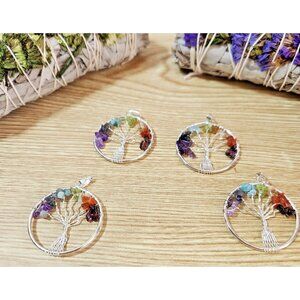 Pendant Necklace Natural Gemstone Tree of Life 7 Chakra Healing Crystal w/Rope